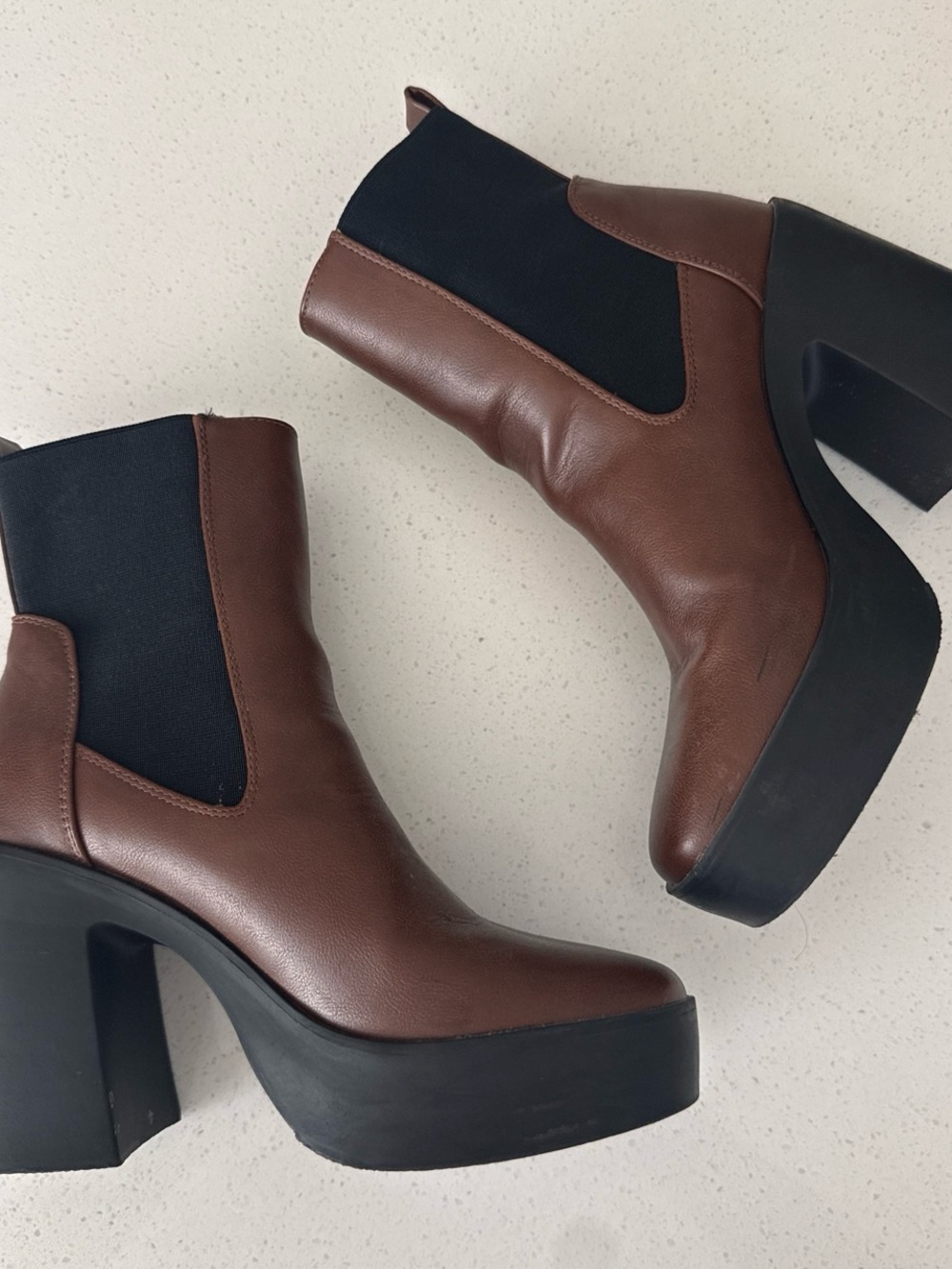 BAMBOO Brown Platform Chelsea Ankle Boots with Black Panels